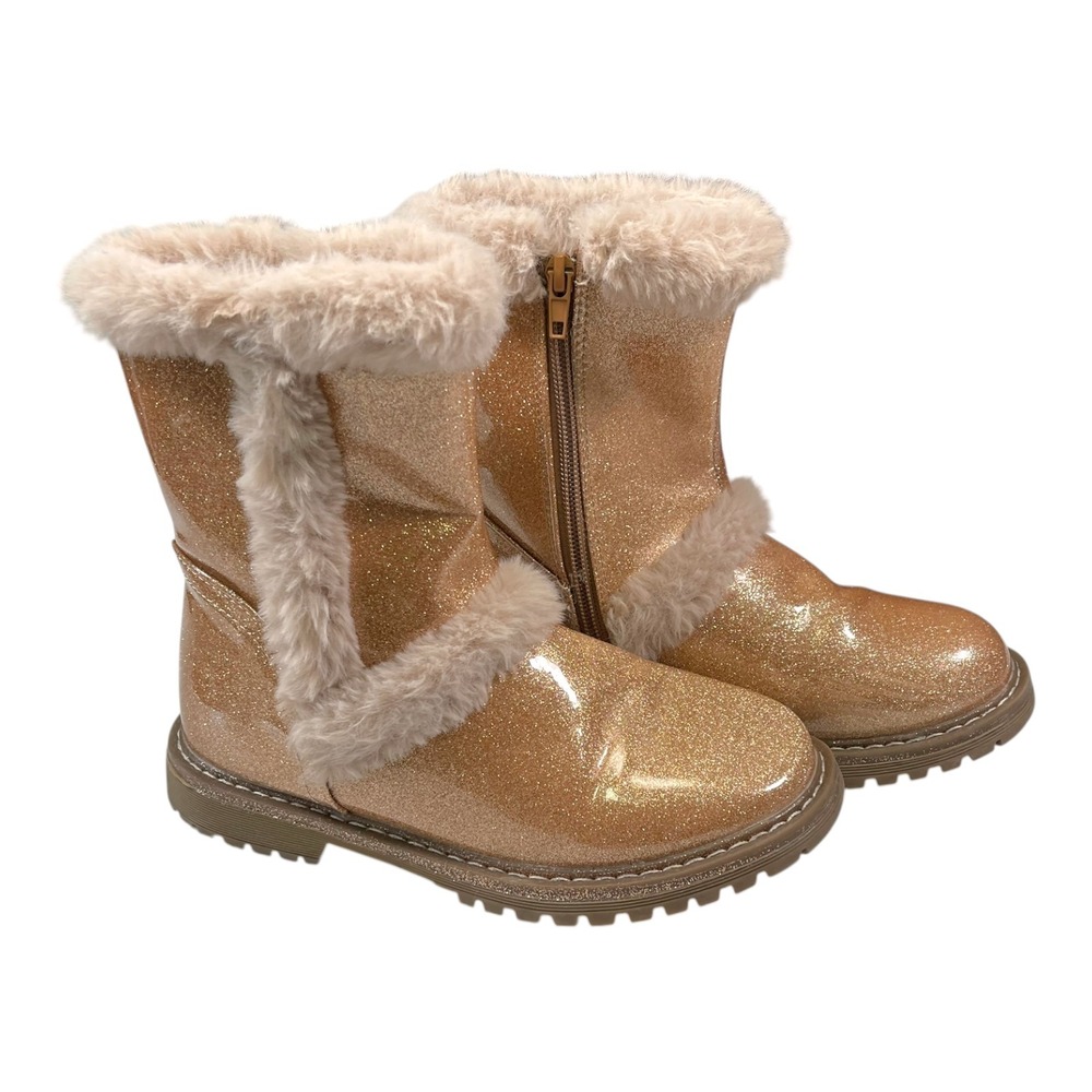 3 Gold Glitter Faux Fur Trim Side Zip Mid Calf Winter Boots Princesscore Glam